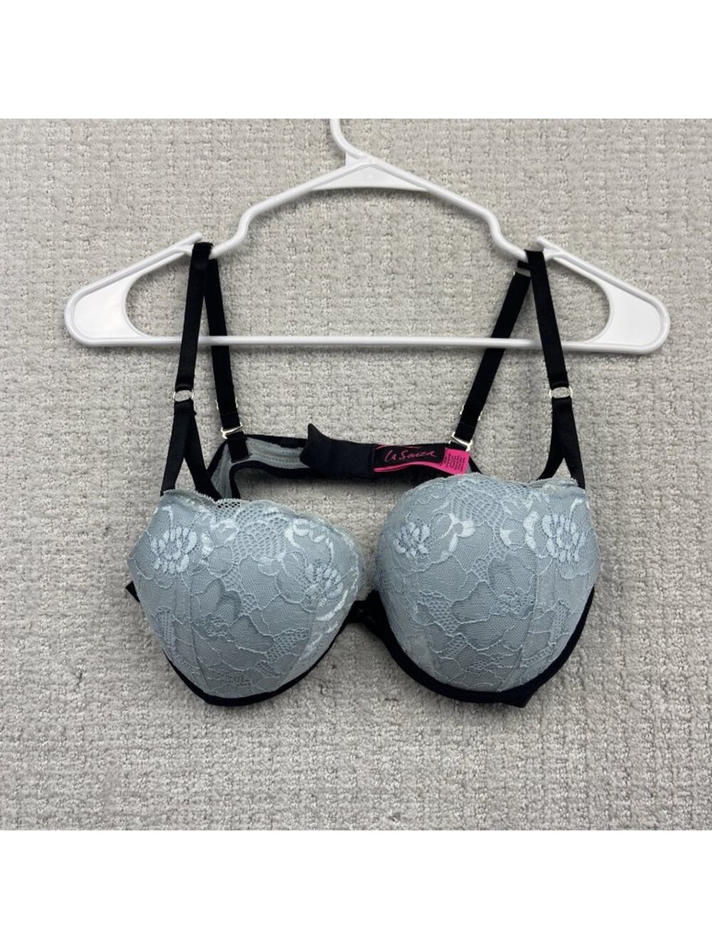 Y2K La Senza Baby Blue Classic Padded Plunge Bra Sz 36C Romance Floral Lace